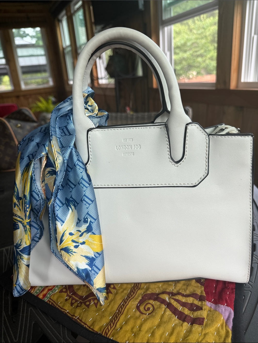London Fog purse- White Leatherette Satchel with Blue and Yellow Scarf